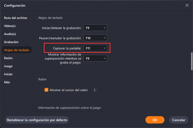 configuraciones de tecla de hacer captura de pantalla rápidamente