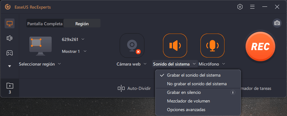 seleccionar el área de grabación y el audio